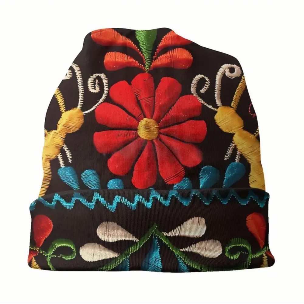 Hat, Boho Style Beanie Hat, NEW, Black w/Flower Print